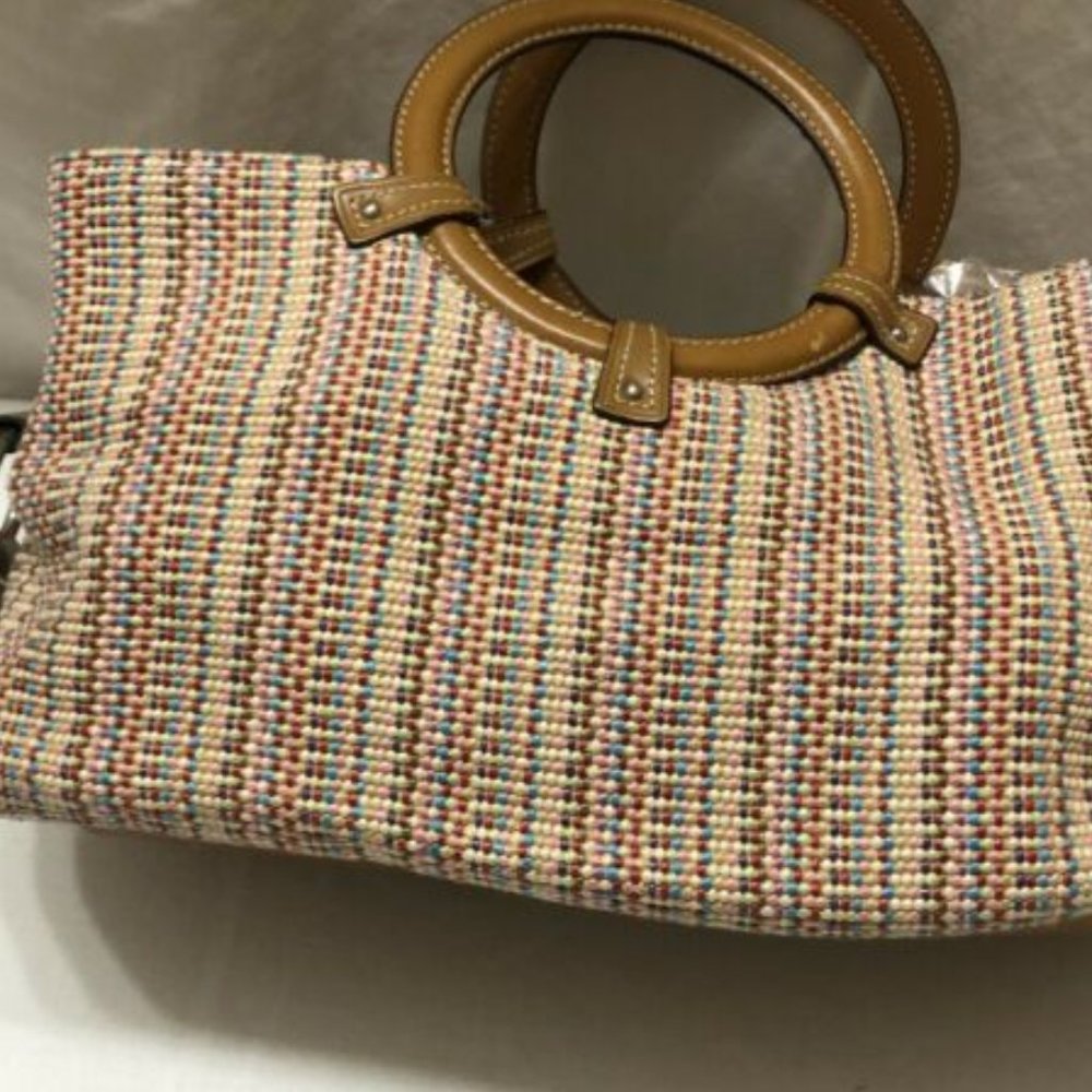 Fossil Brown Coated Straw Satchel Shoulder Bag Wicker Tote Handbag Timeless Look